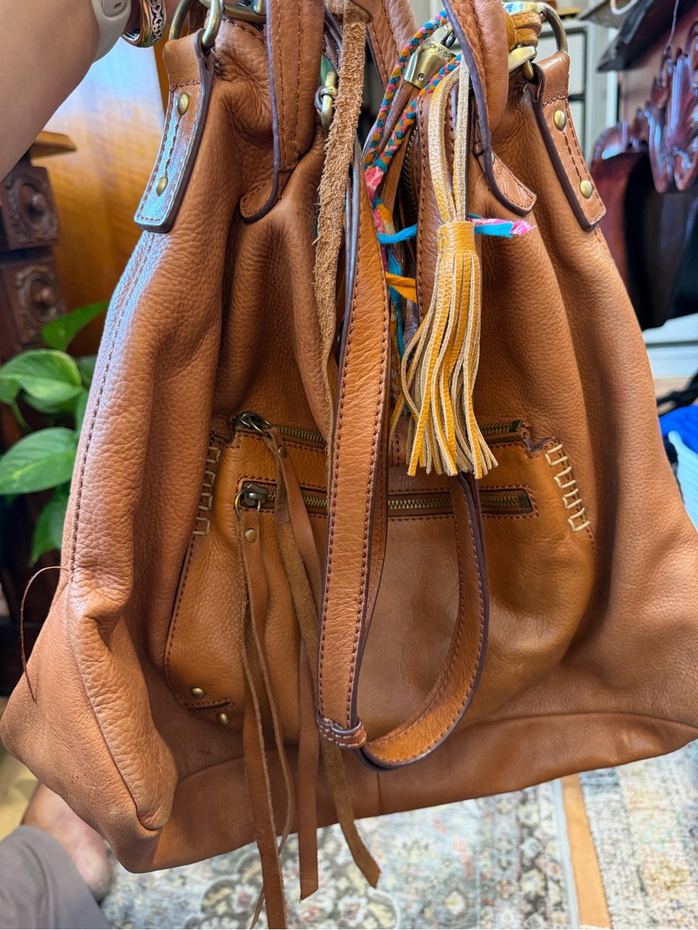 Lucky Brand Brown Leather Boho Shoulder Bag / Hobo Bag with Tassels - Picture 3 of 15